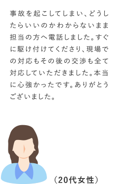 事故を起こしてしまい、どうしたらいいのかわからないまま担当の方へ電話しました。すぐに駆け付けてくださり、現場での対応もその後の交渉も全て対応していただきました。本当に心強かったです。ありがとうございました。
(20代女性)