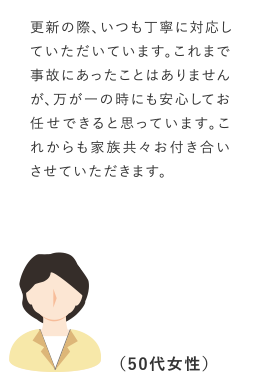 更新の際、いつも丁寧に対応していただいています。これまで事故にあったことはありませんが、万が一の時にも安心してお任せできると思っています。これからも家族共々お付き合いさせていただきます。
(50代女性)